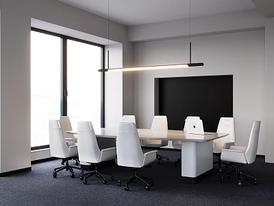 Modern Conference Room With Long Table White Office Chairs Large Windows And Hanging Light 3d model