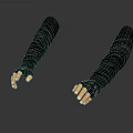 Realistic Human Arms with Black Sleeves and Orange Fingers on Reflective Surface
