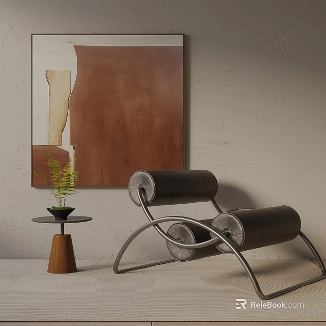 Modern Leisure Chair With Curved Metal Frame Leather Rolls And Side Table With Green Plant Artwork 3d model 