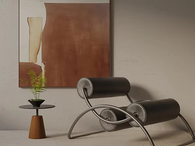 Modern Leisure Chair With Curved Metal Frame Leather Rolls And Side Table With Green Plant Artwork 3d model