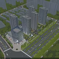 Modern High Rise Office Building Complex With Green Surroundings Parking Area And Roads