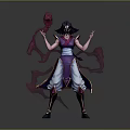 3D Model Sorcerer Character With Black Hair Purple Outfit And Pink Smoke Creature