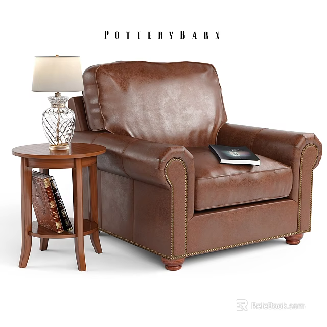 Brown Leather Lounge Chair Featuring Round Side Table With Table Lamp And Books 3d model 