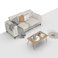 Two Seater Light Beige Sofa with Cushions Throw Blanket Wooden Table Vase Books Round Rug