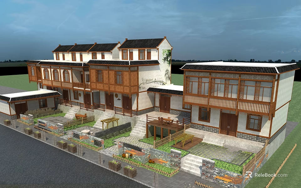 Traditional Chinese Architecture Complex With Courtyard Garden Wooden Structures And Sloped Roofs 3d model 