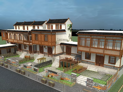 Traditional Chinese Architecture Complex With Courtyard Garden Wooden Structures And Sloped Roofs 3d model