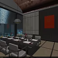 Japanese Private Room Interior With Long Dining Table Chairs Hanging Lamp Shoji Screens Tatami Mats