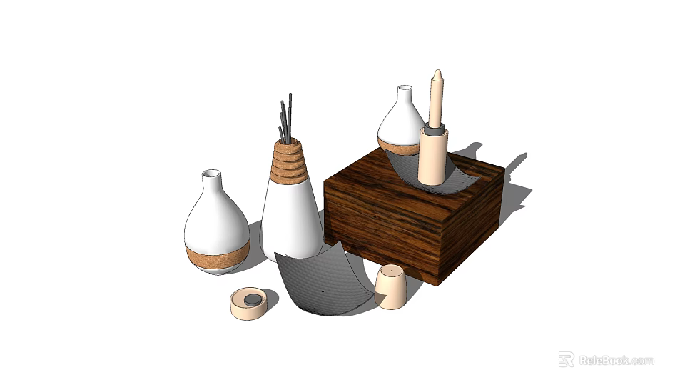 Modern Decorative Ornament Set Including Wooden Box Conical Vases Candle Rolled And Mesh Decor 3d model 