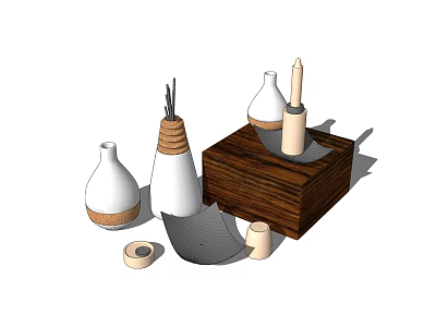 Modern Decorative Ornament Set Including Wooden Box Conical Vases Candle Rolled And Mesh Decor 3d model