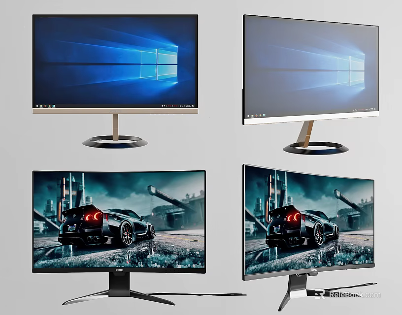 Computer Monitors Featuring Windows Display And Gaming Scenes With Different Stand Designs 3d model