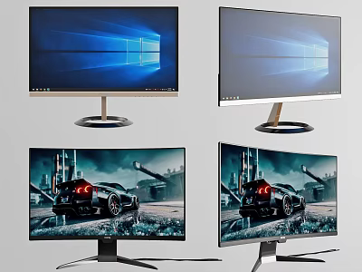 Computer Monitors Featuring Windows Display And Gaming Scenes With Different Stand Designs 3d model