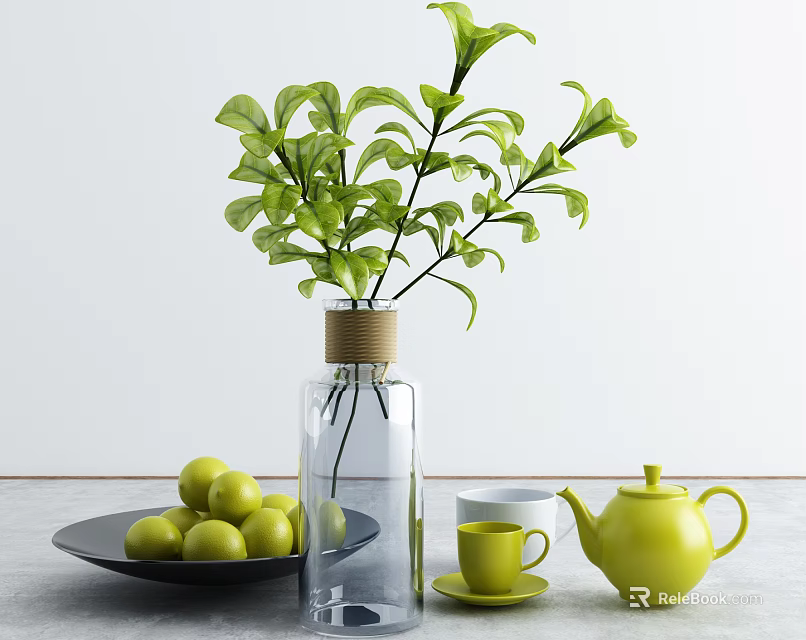 Fresh Yellow Fruits on Black Plate with Green Plant and Yellow Teapot on Gray Table 3d model 