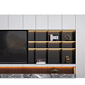Modern TV Background Cabinet Design With Marble Base LED Lighting And Open Shelves