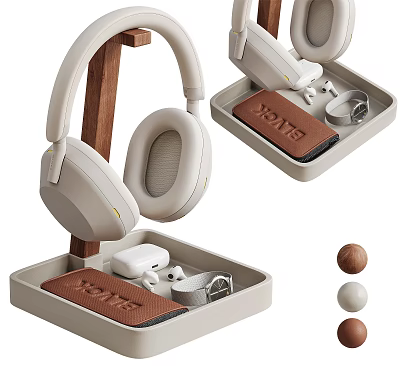 Over Ear Headphones With Wooden Stand Tray Audio Accessories And Decorative Balls 3d model