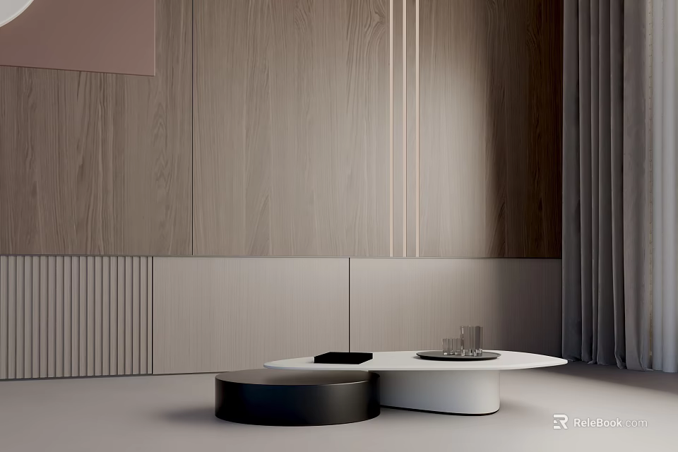 Minimalist Modern Coffee Table With Black And White Round Design And Wooden Wall Curtains 3d model 