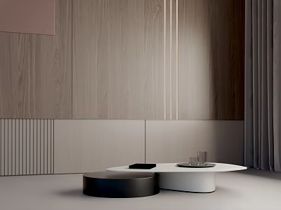 Minimalist Modern Coffee Table With Black And White Round Design And Wooden Wall Curtains 3d model