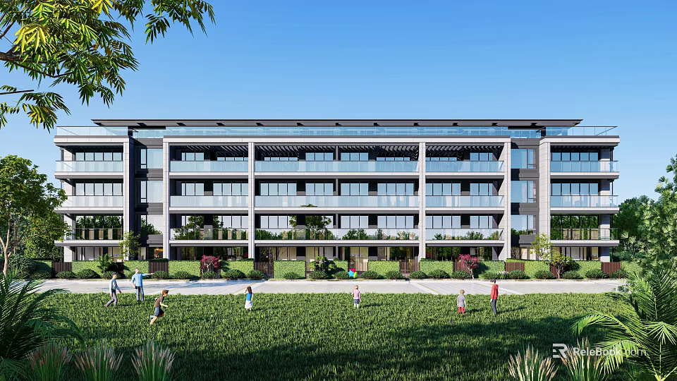 Modern Multistorey Townhouse Exterior Design With Green Lawn And People Activities 3d model 