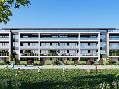 Modern Multistorey Townhouse Exterior Design With Green Lawn And People Activities 3d model