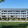 Modern Multistorey Townhouse Exterior Design With Green Lawn And People Activities