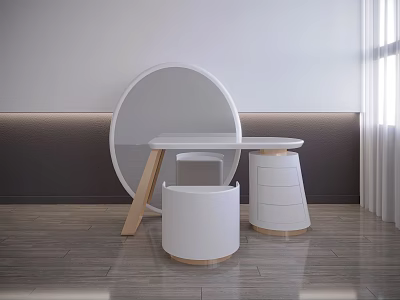Minimalist White Dressing Table With Round Mirror And Storage Stool On Wooden Floor 3d model