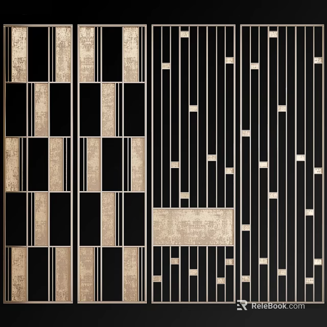 Modern Room Divider Design With Black Gold Stripes And Geometric Patterns 3d model 