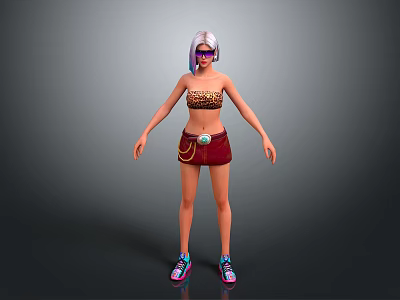 Game Movie Character With Purple Hair Sunglasses Leopard Print Top Red Shorts Colorful Sneakers 3d model