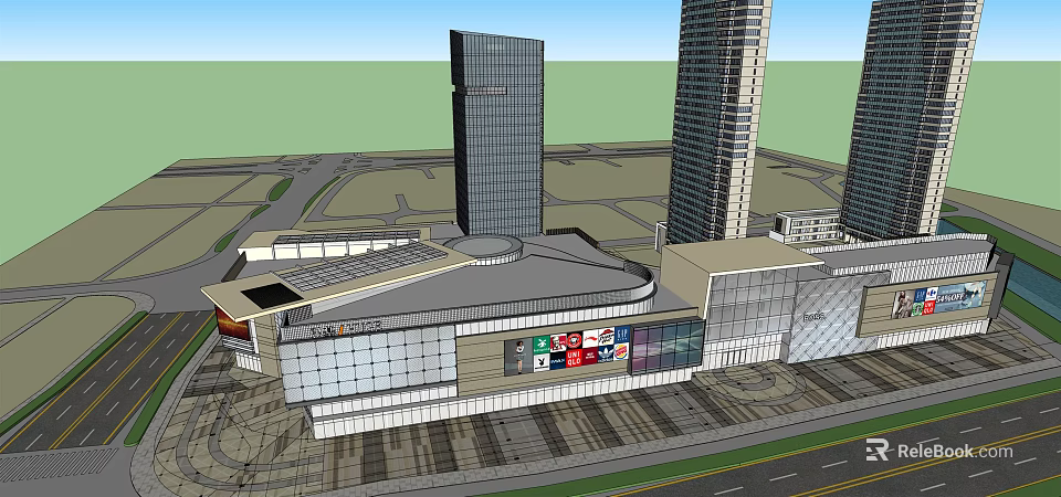 Modern Commercial Complex Featuring Tall Buildings Glass Facade And Retail Spaces With Billboards 3d model 