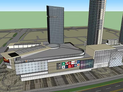 Modern Commercial Complex Featuring Tall Buildings Glass Facade And Retail Spaces With Billboards 3d model
