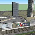 Modern Commercial Complex Featuring Tall Buildings Glass Facade And Retail Spaces With Billboards
