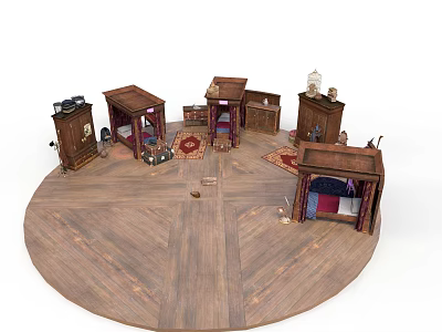 Architectural Miniature Model Featuring Wooden Platform Small Buildings And Furniture Elements 3d model