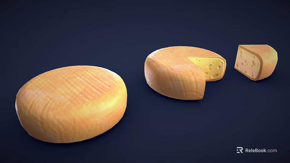 Round Sliced and Square Cheese Pieces Displayed on Blue Background 3d model