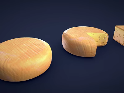 Round Sliced and Square Cheese Pieces Displayed on Blue Background 3d model