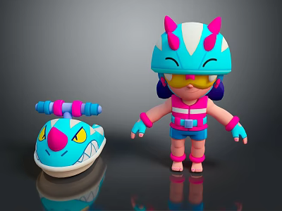 Cute Cartoon Character With Horned Helmet Yellow Goggles And Blue Pink Snake Creature 3d model