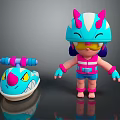 Cute Cartoon Character With Horned Helmet Yellow Goggles And Blue Pink Snake Creature