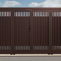 Stylish Entry Gate With Dark Wooden Design White Pillars And Fence Under Blue Sky