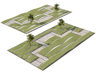 Garden Landscape Design with Winding Stone Paths Lush Green Grass and Scattered Trees 3d model