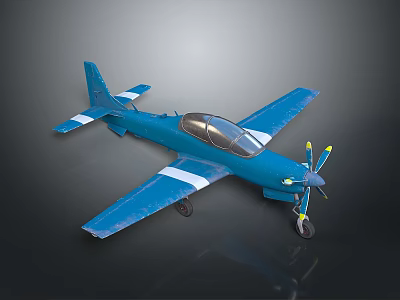 Blue Single Propeller Passenger Plane With Cockpit And White Striped Wings Against Dark Background 3d model