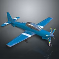 Blue Single Propeller Passenger Plane With Cockpit And White Striped Wings Against Dark Background