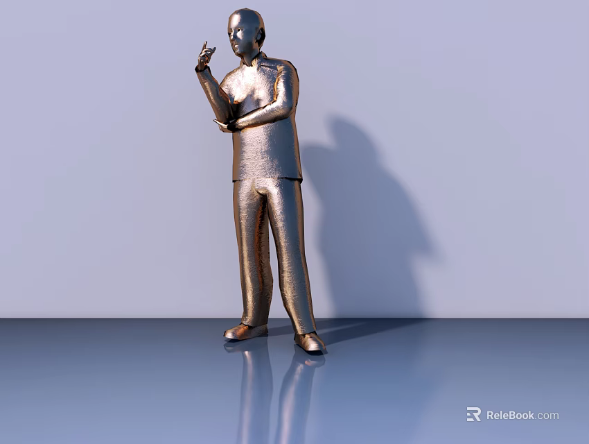 Golden Human Sculpture in Traditional Clothing Standing with Object on Smooth Reflective Floor 3d model 