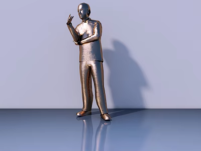Golden Human Sculpture in Traditional Clothing Standing with Object on Smooth Reflective Floor 3d model