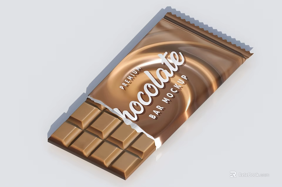 Premium Chocolate Bar With Brown Square Pieces And Shiny Wrapper Mockup 3d model 