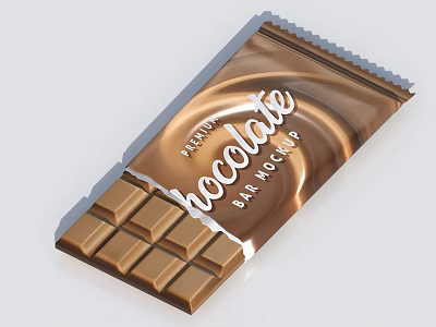Premium Chocolate Bar With Brown Square Pieces And Shiny Wrapper Mockup 3d model