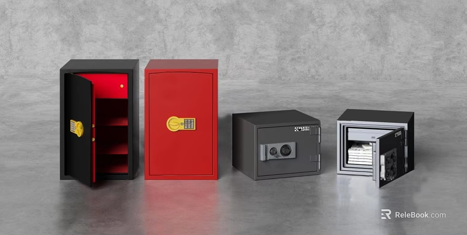 Various Colored Safes Including Red And Black With Open Doors And Interior Storage 3d model 