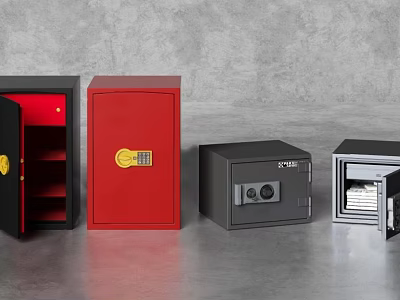 Various Colored Safes Including Red And Black With Open Doors And Interior Storage 3d model