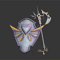 Purple Shield And Decorative Staff With Heart Shaped Emblem And Ornate Details