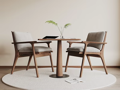Modern Wooden Table And Chairs Set With Gray Cushions Round Rug And Green Plant 3d model