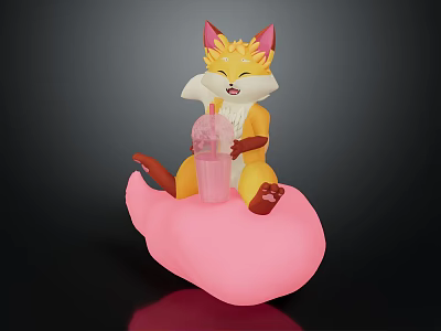 Cute Fox Figurine Sitting on Pink Cloud Holding Pink Beverage 3d model