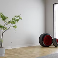Two Large And Small Tires With Red Rims Marked SF-23 On Wooden Floor White Wall