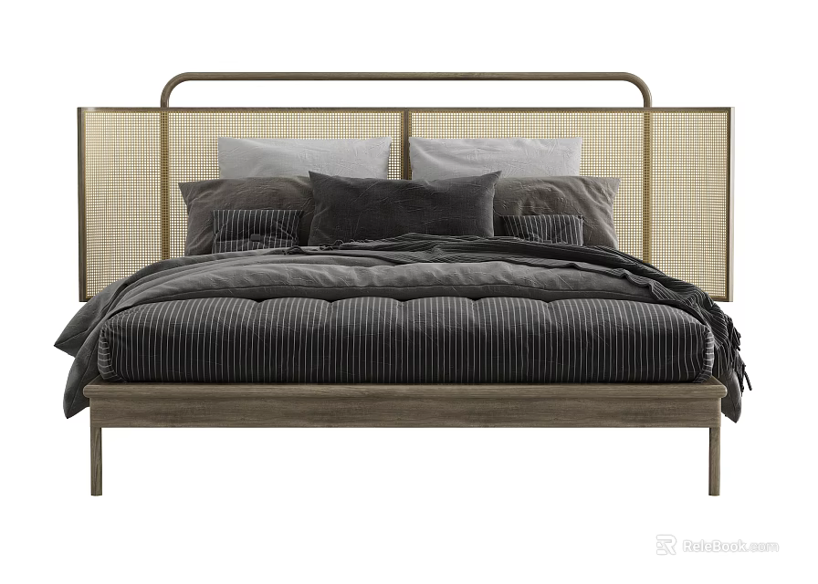 Double Bed With Woven Headboard Wooden Frame And Gray Striped Bedding 3d model 