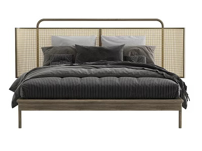 Double Bed With Woven Headboard Wooden Frame And Gray Striped Bedding 3d model